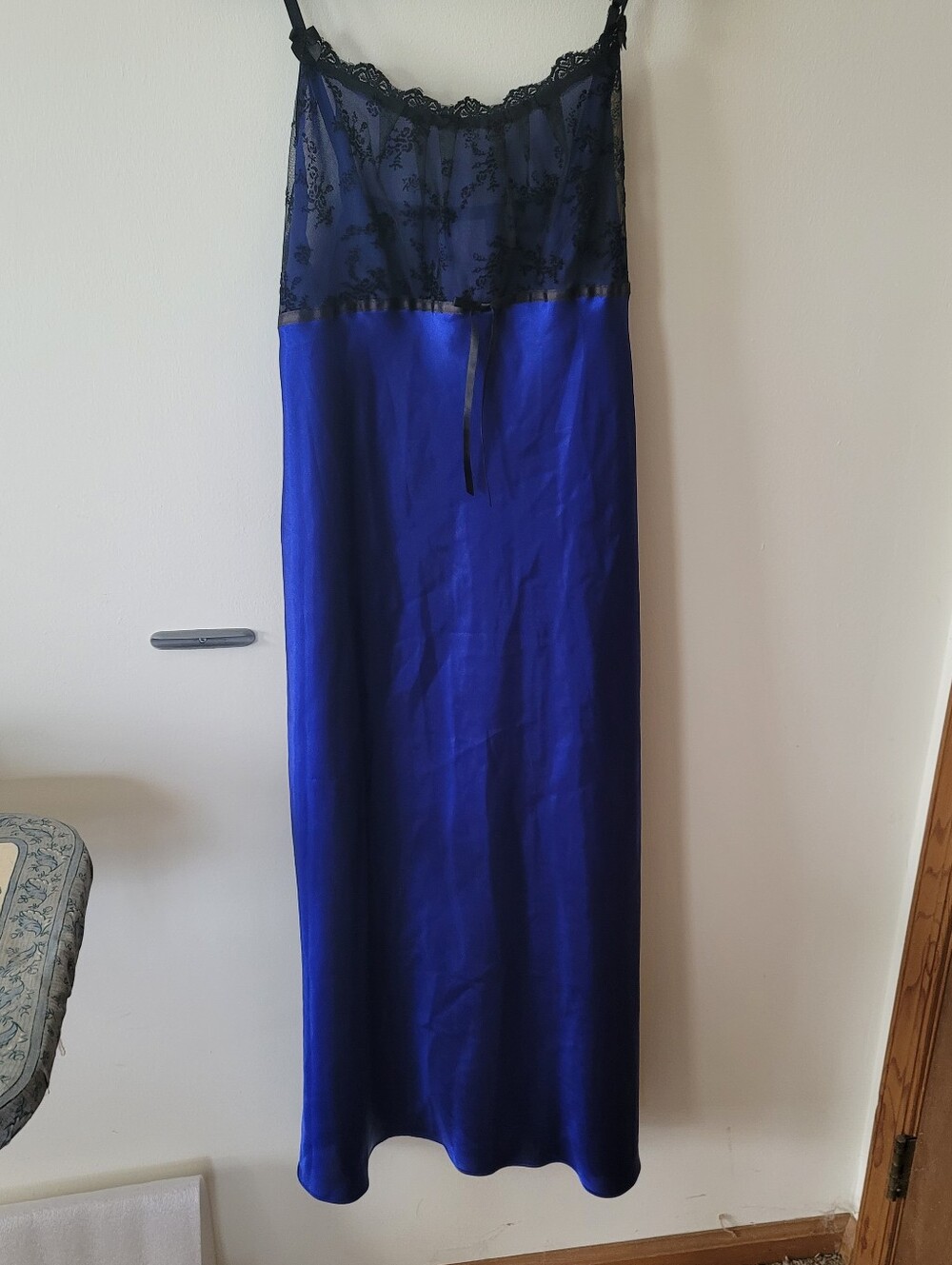In Bloom Royal Blue Satin Maxi Negligee with Black Lace Bodice - Large
